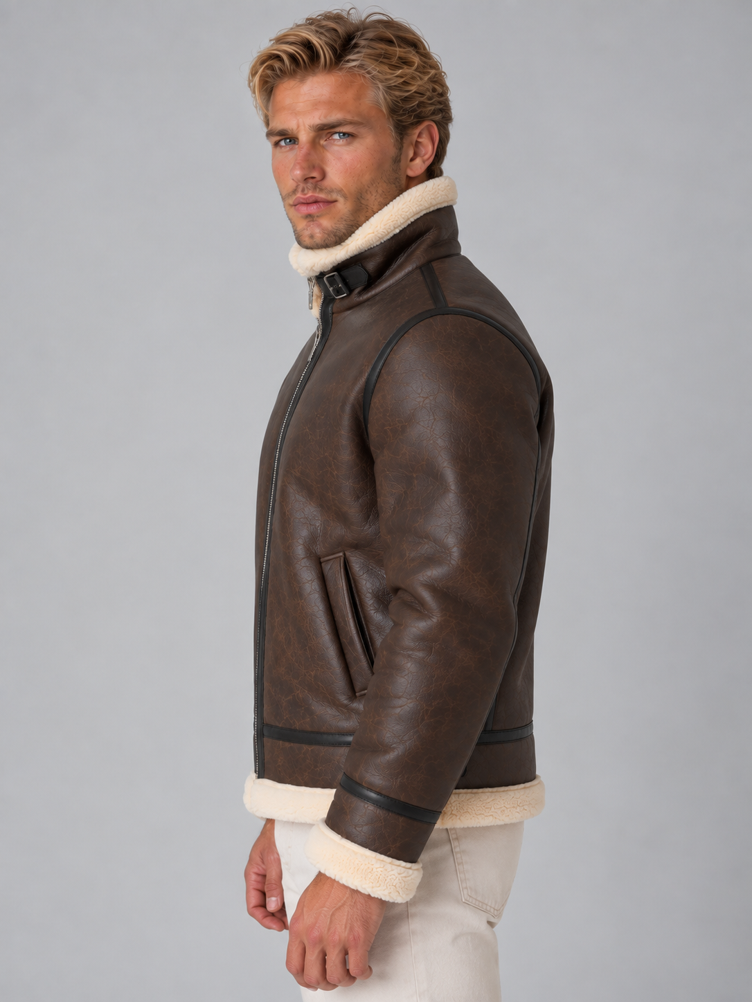 Men’s Faux Leather Aviator Jacket – Sherpa Lined Full Zip Coat
