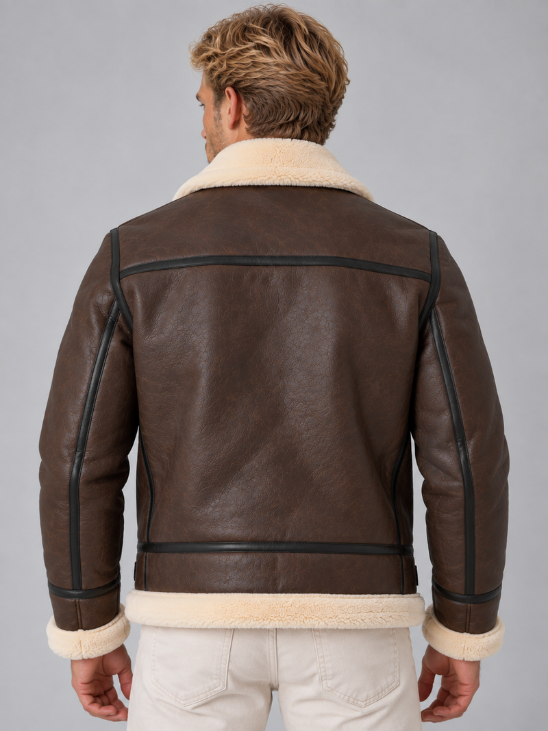 Men’s Faux Leather Aviator Jacket – Sherpa Lined Full Zip Coat