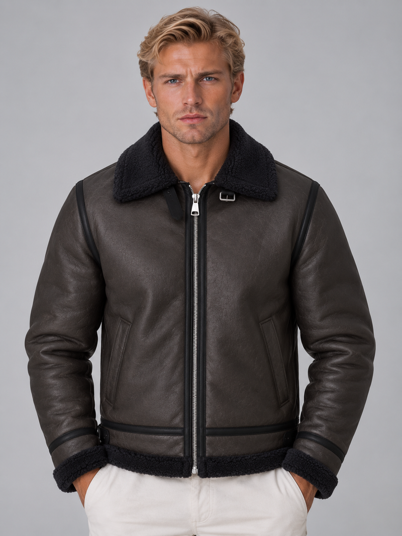 Men’s Faux Leather Aviator Jacket – Sherpa Lined Full Zip Coat