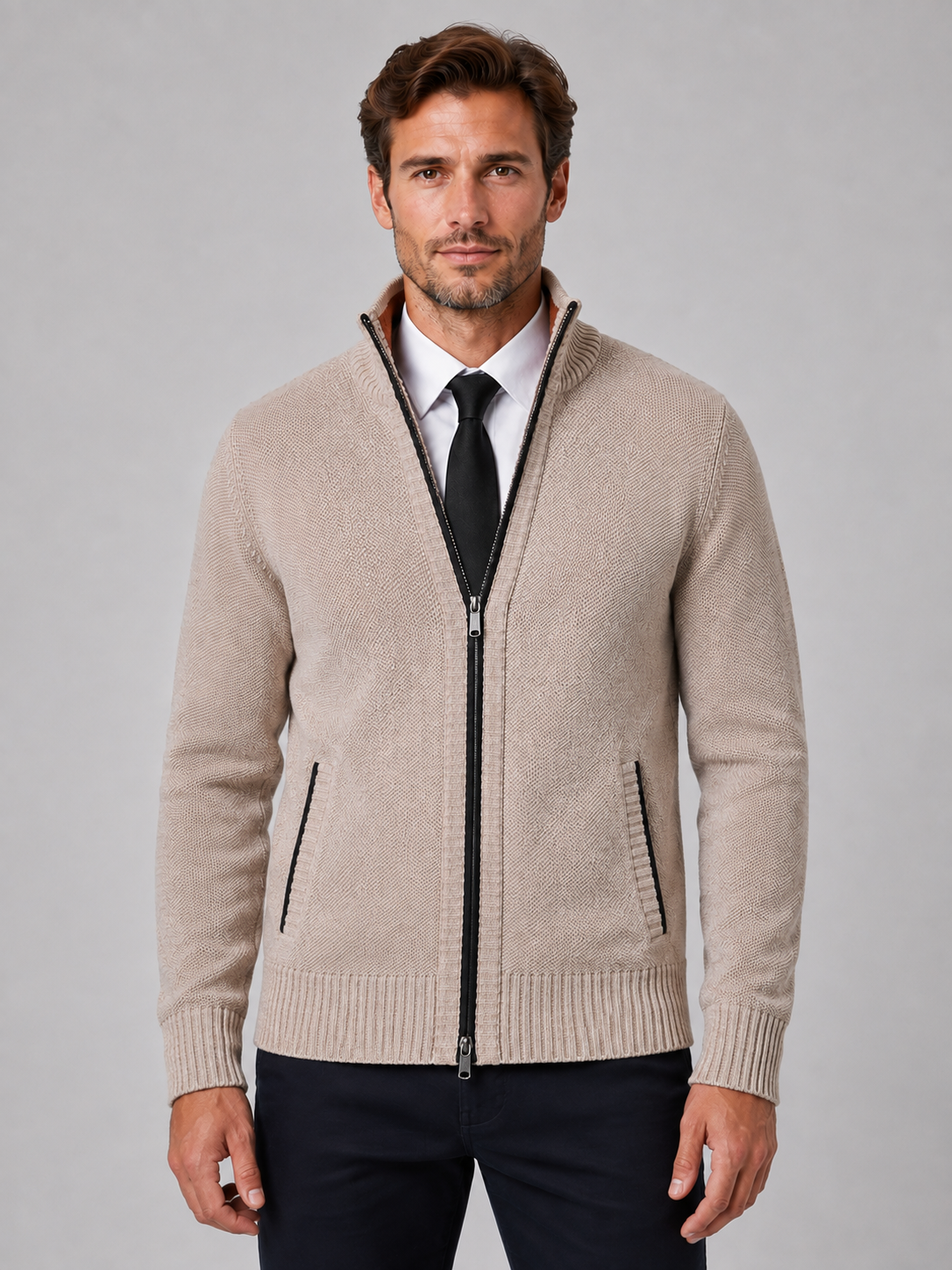 Men's Full Zip Knit Cardigan – Funnel Neck Textured Jumper