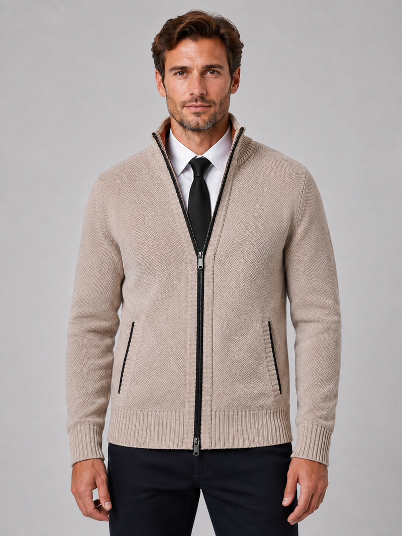 Men's Full Zip Knit Cardigan – Funnel Neck Textured Jumper