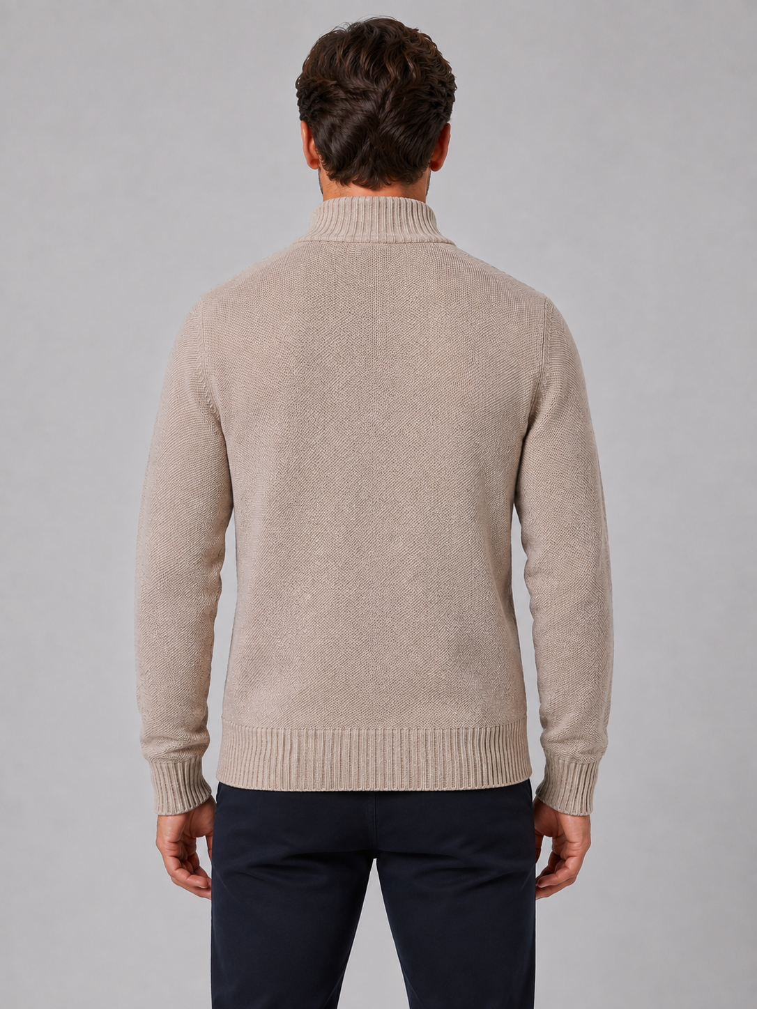 Men's Full Zip Knit Cardigan – Funnel Neck Textured Jumper
