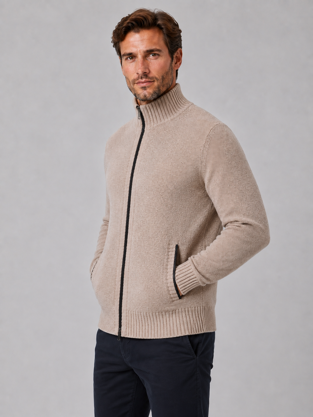 Men's Full Zip Knit Cardigan – Funnel Neck Textured Jumper
