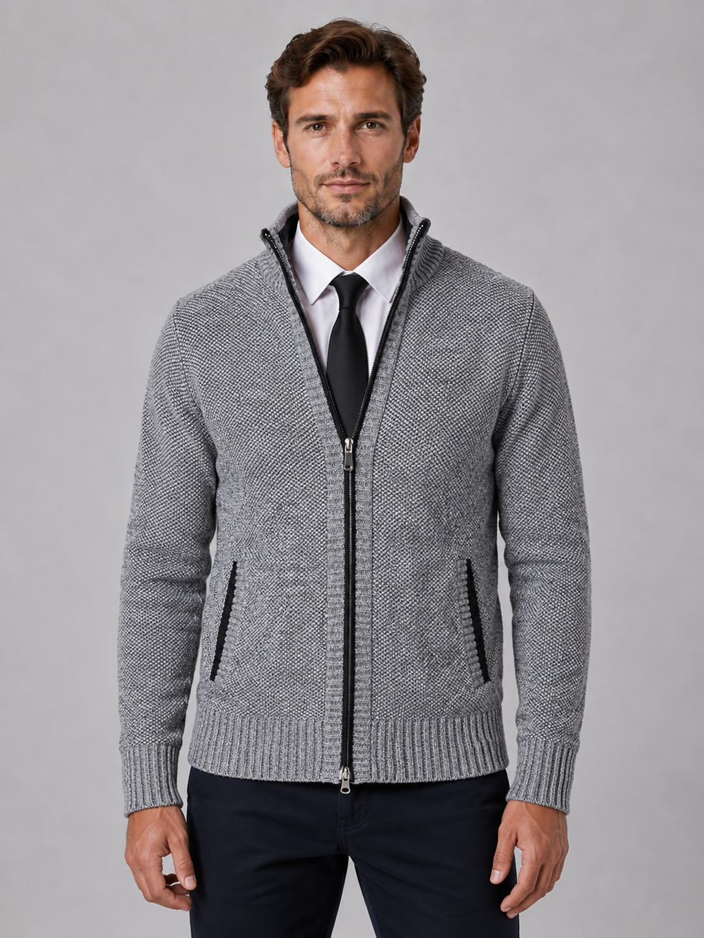 Men's Full Zip Knit Cardigan – Funnel Neck Textured Jumper