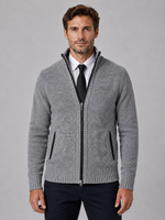 Men's Full Zip Knit Cardigan – Funnel Neck Textured Jumper