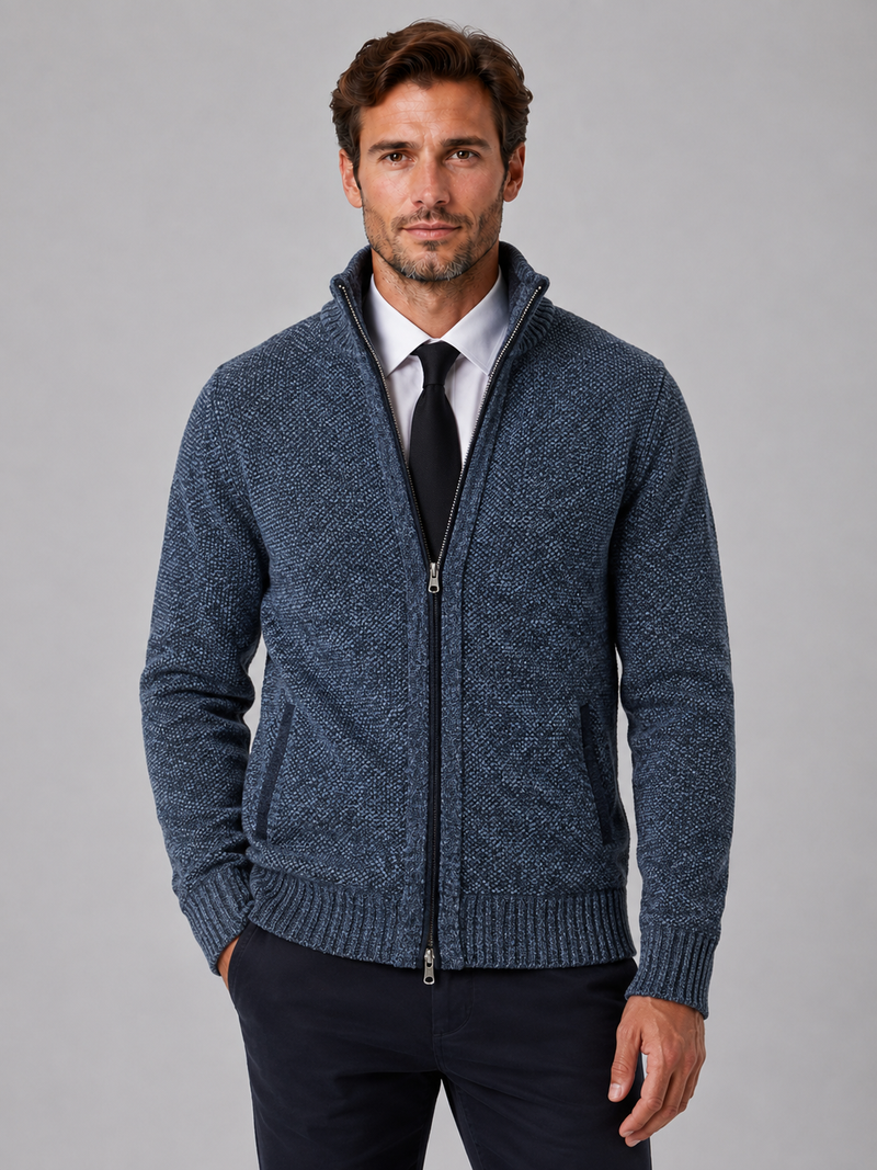 Men's Full Zip Knit Cardigan – Funnel Neck Textured Jumper