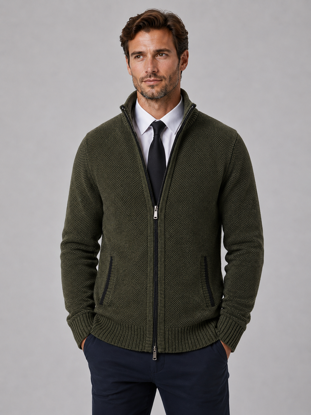 Men's Full Zip Knit Cardigan – Funnel Neck Textured Jumper