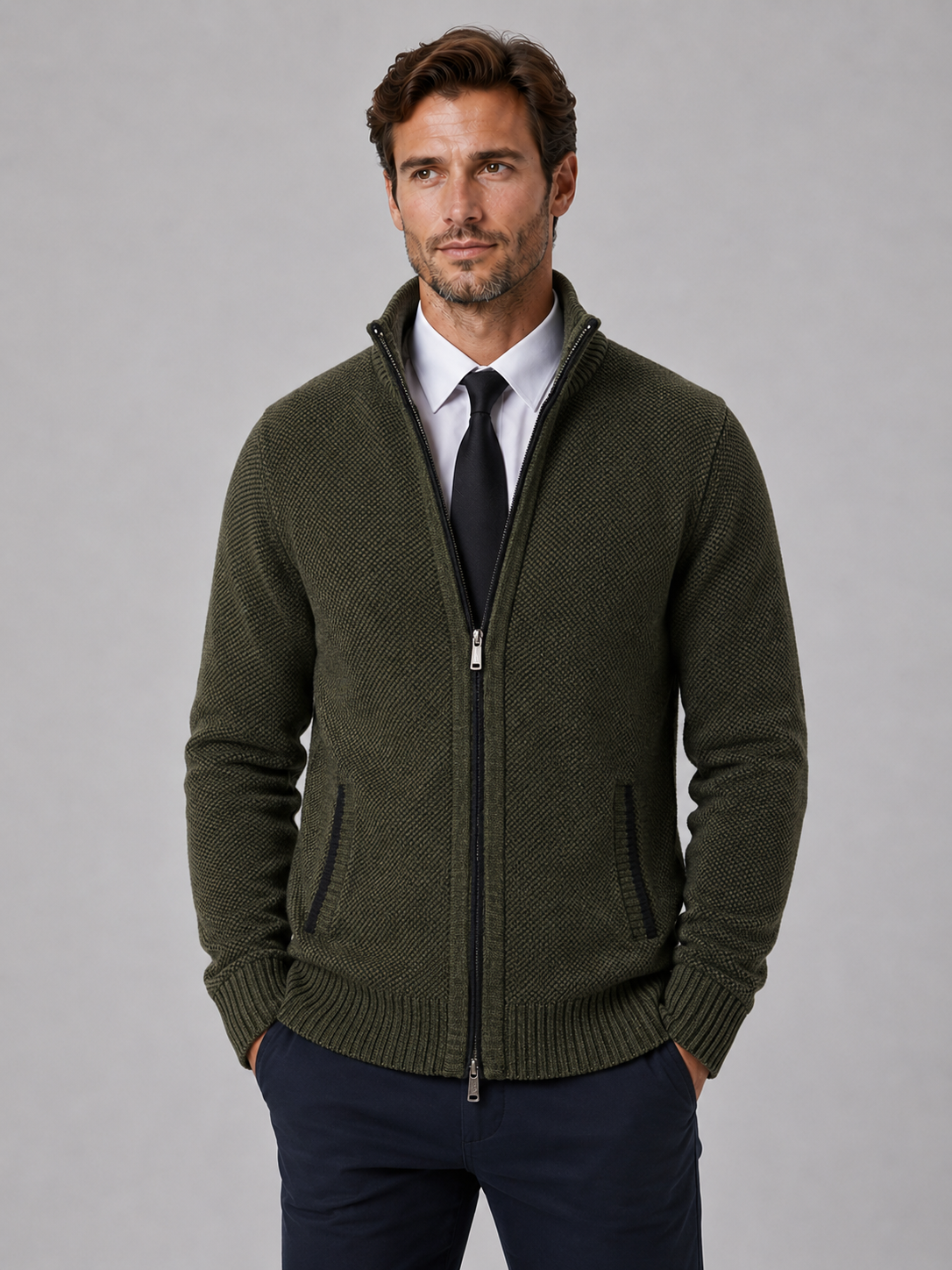 Men's Full Zip Knit Cardigan – Funnel Neck Textured Jumper