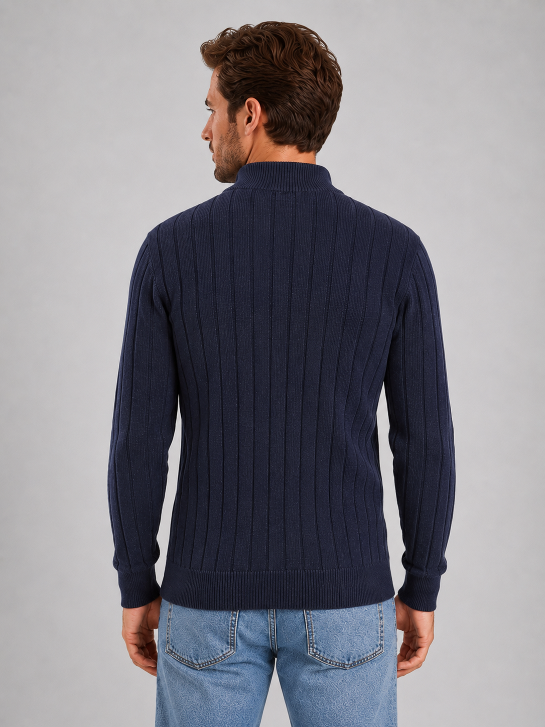 Men's Half Zip Knit Jumper – Ribbed Funnel Neck Sweater