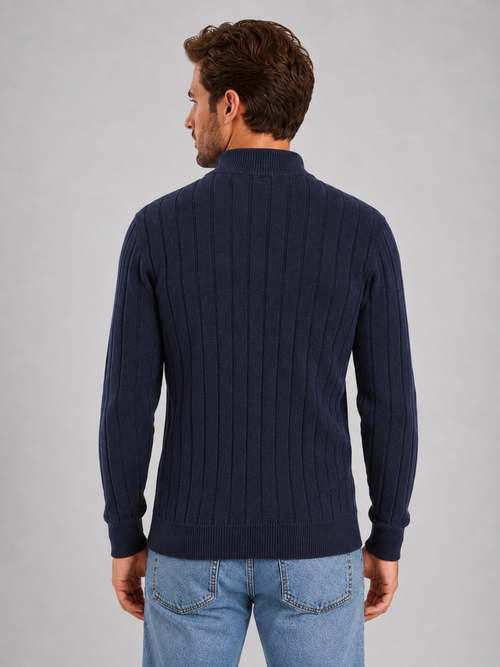 Men's Half Zip Knit Jumper – Ribbed Funnel Neck Sweater