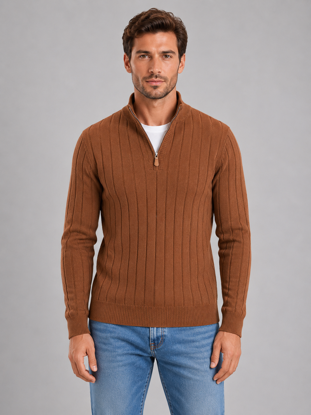 Men's Half Zip Knit Jumper – Ribbed Funnel Neck Sweater