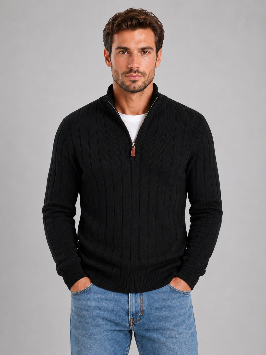Men's Half Zip Knit Jumper – Ribbed Funnel Neck Sweater