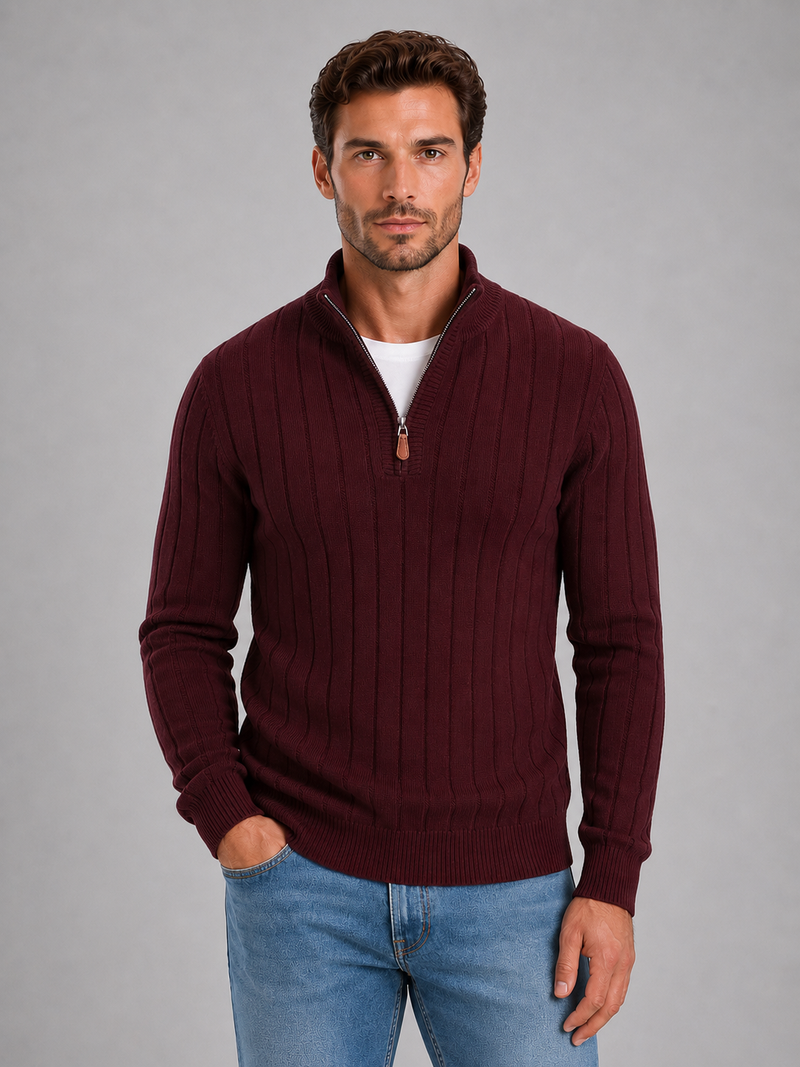 Men's Half Zip Knit Jumper – Ribbed Funnel Neck Sweater