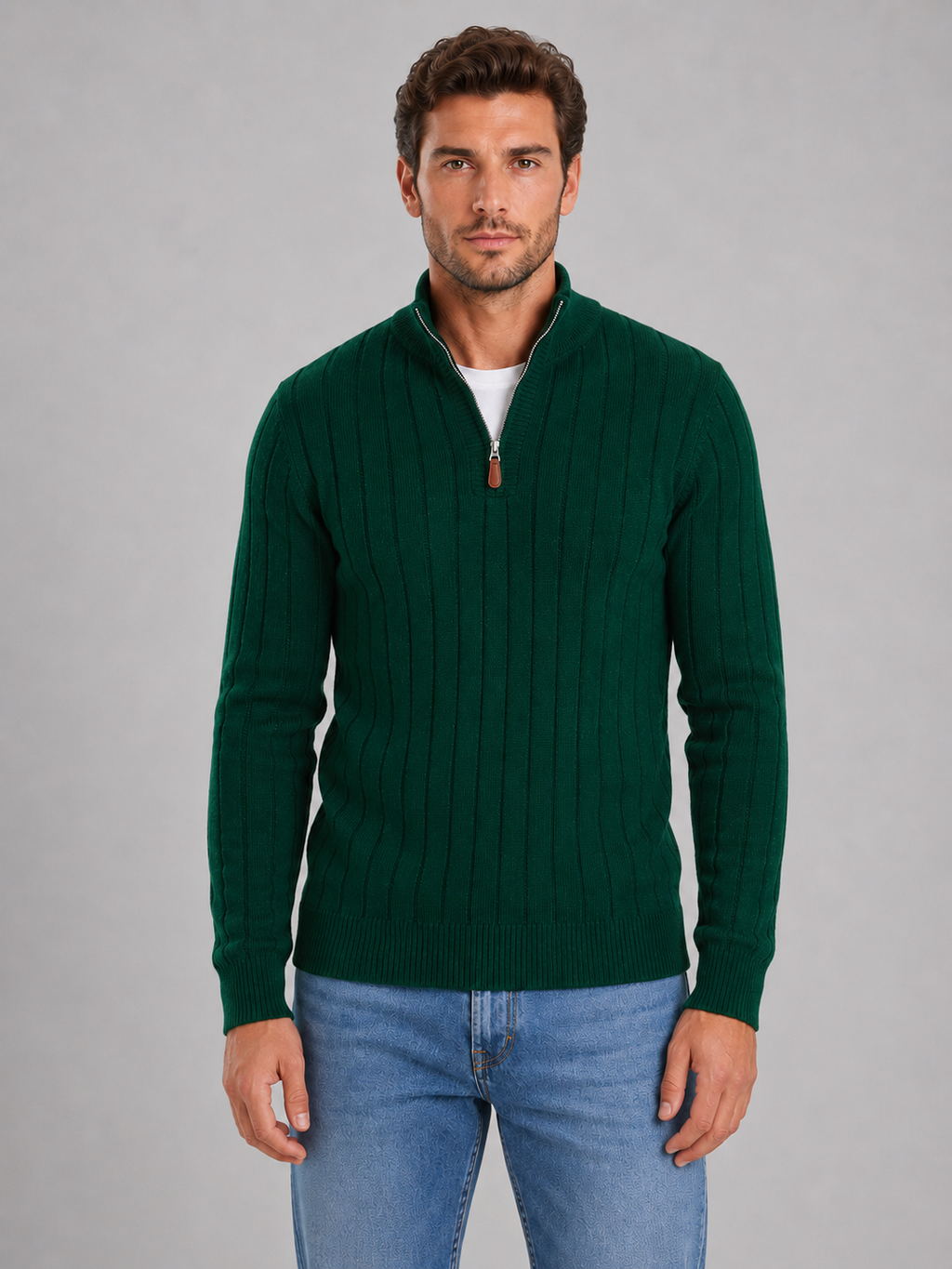 Men's Half Zip Knit Jumper – Ribbed Funnel Neck Sweater