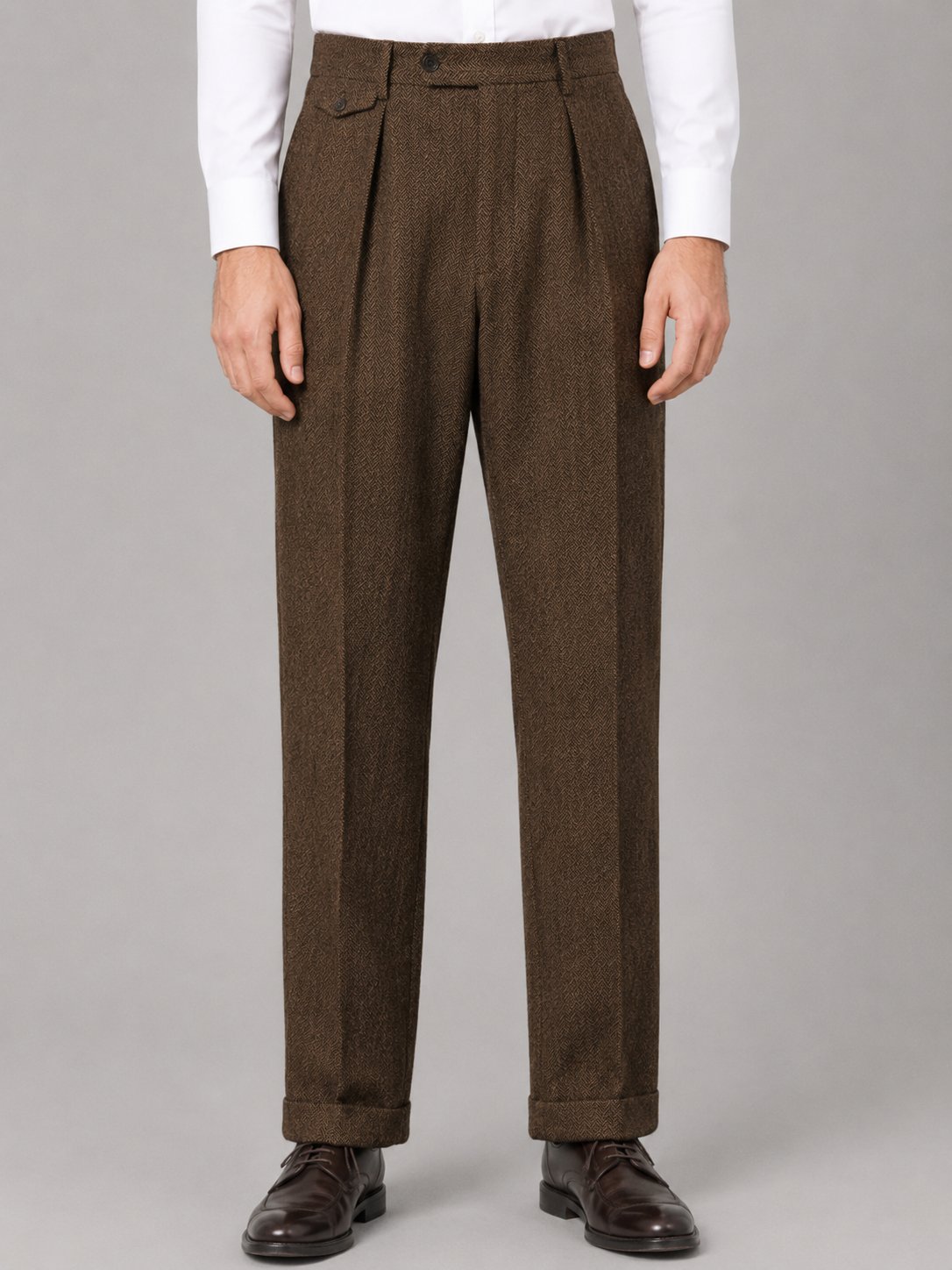 Men’s Herringbone Pleated Tailored Trousers – Straight Leg Smart Fit