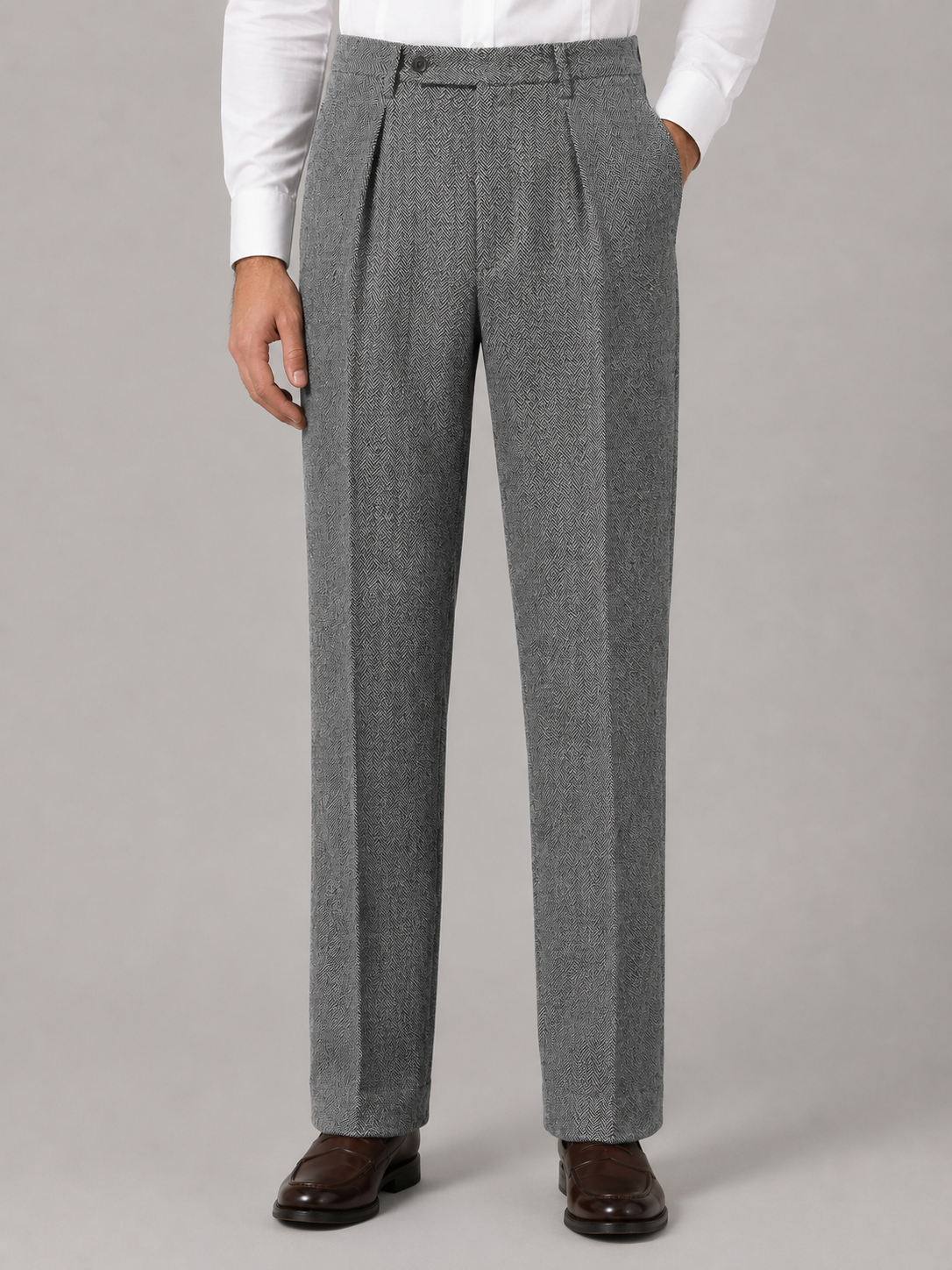 Men’s Herringbone Pleated Trousers – Straight Leg Tailored Fit