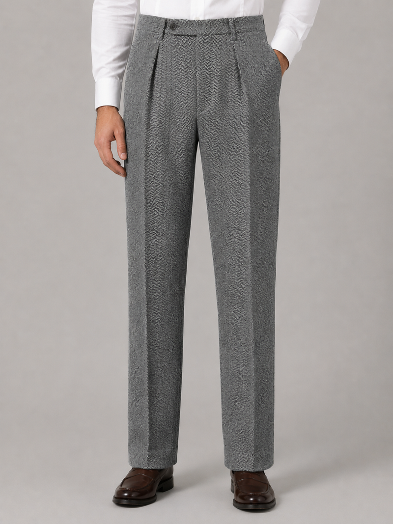 Men’s Herringbone Pleated Trousers – Straight Leg Tailored Fit