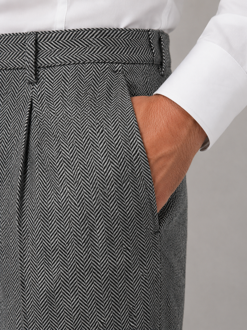 Men’s Herringbone Pleated Trousers – Straight Leg Tailored Fit