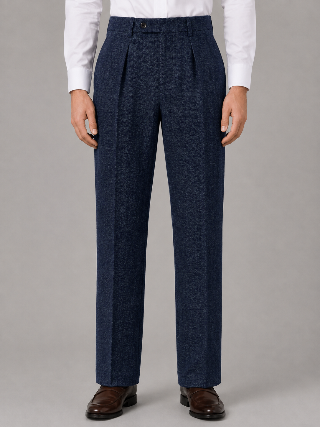 Men’s Herringbone Pleated Trousers – Straight Leg Tailored Fit