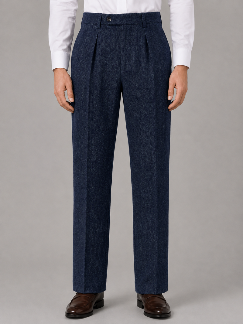 Men’s Herringbone Pleated Trousers – Straight Leg Tailored Fit