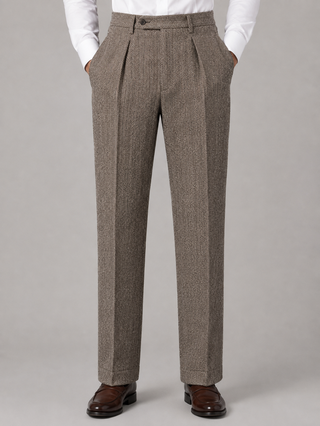 Men’s Herringbone Pleated Trousers – Straight Leg Tailored Fit
