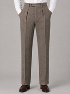 Men’s Herringbone Pleated Trousers – Straight Leg Tailored Fit