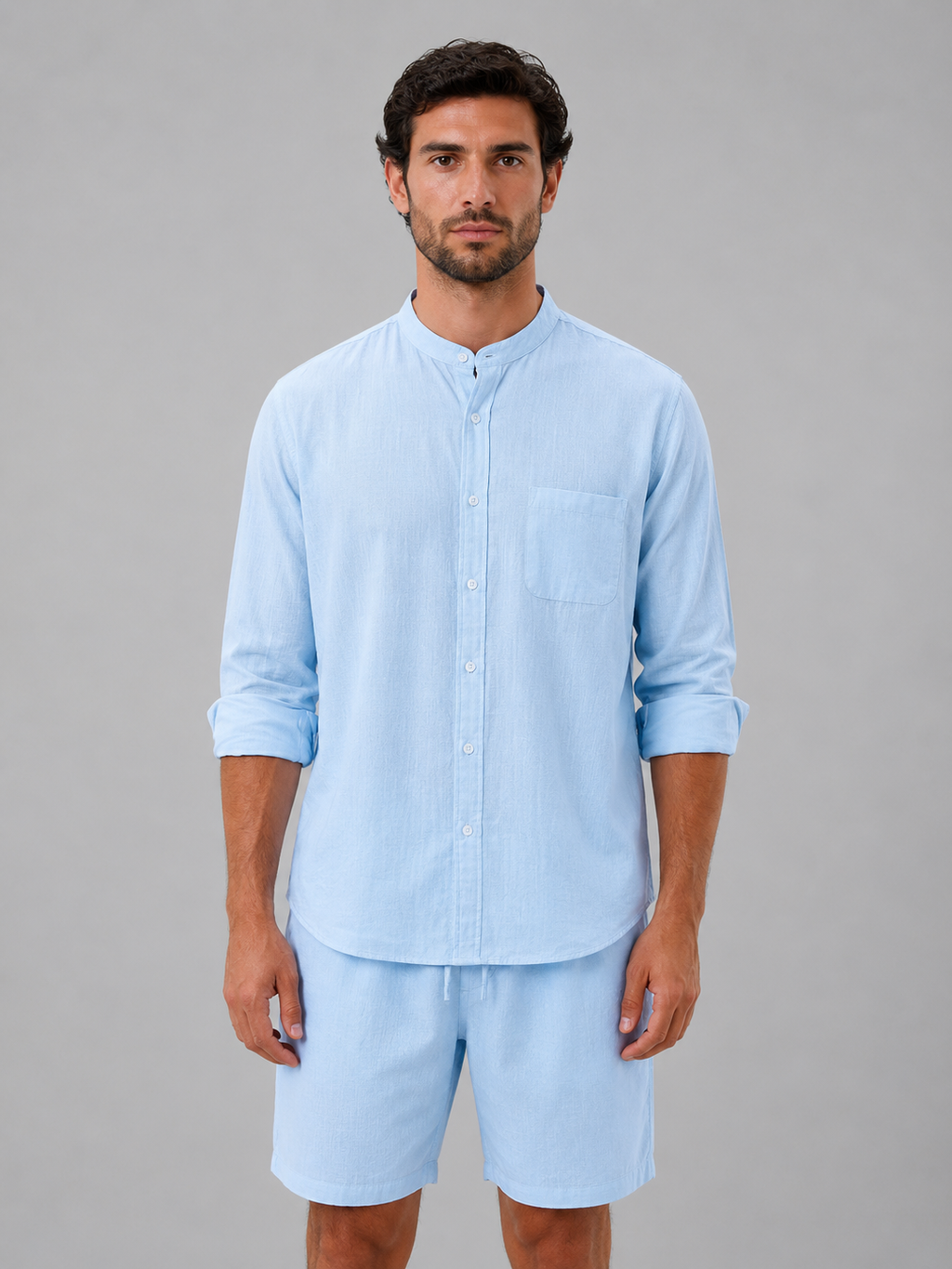 Men's Linen Look Band Collar Shirt & Shorts Set – Relaxed Summer Co-Ord