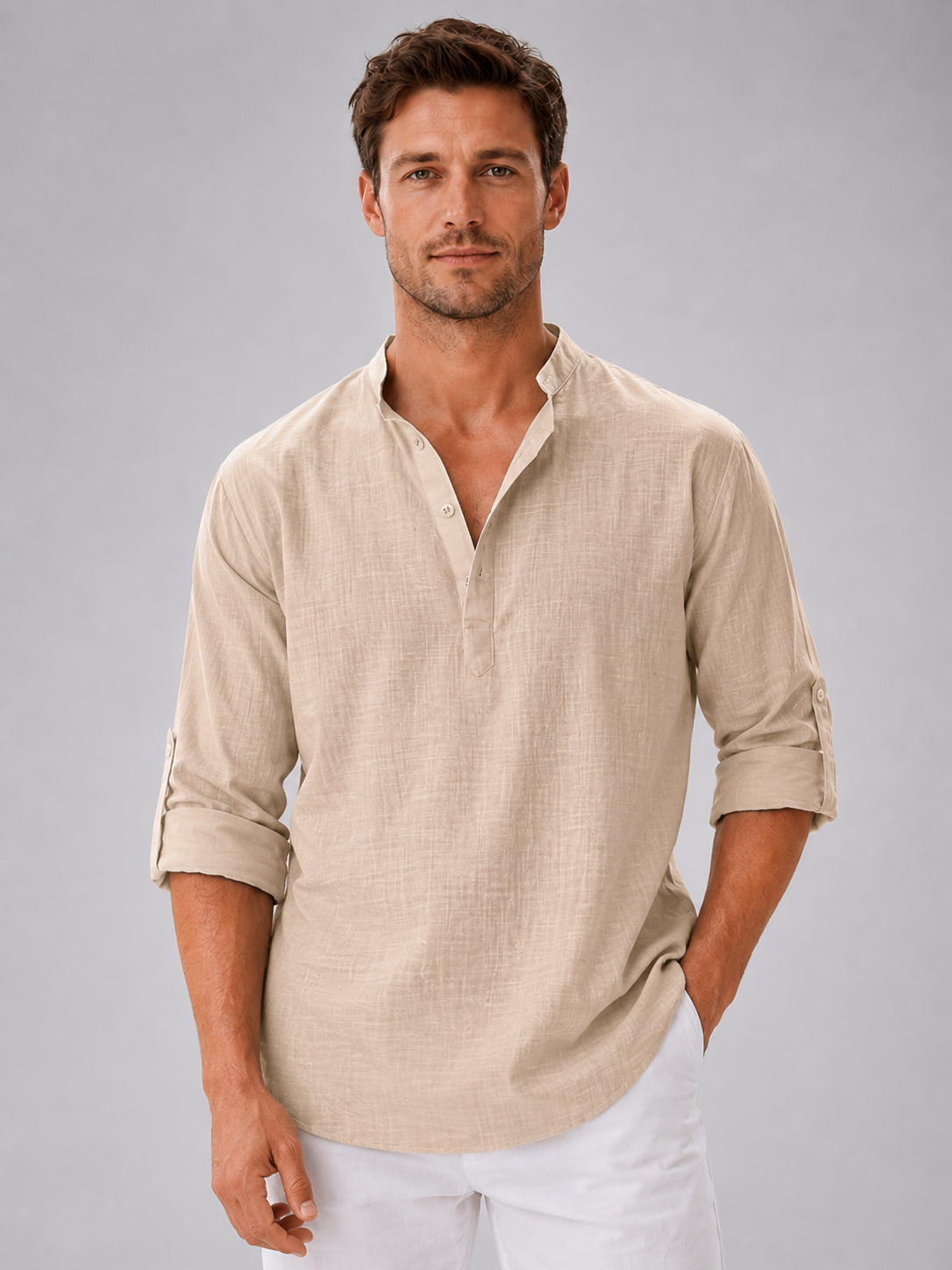 Men's Linen Look Stand Collar Shirt – Relaxed Summer Style – Montleigh