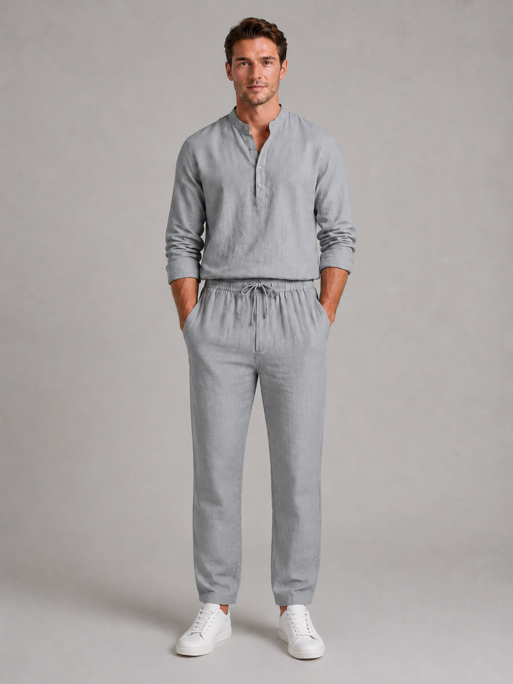 Men's Linen Look Two-Piece Set – Shirt & Drawstring Trousers