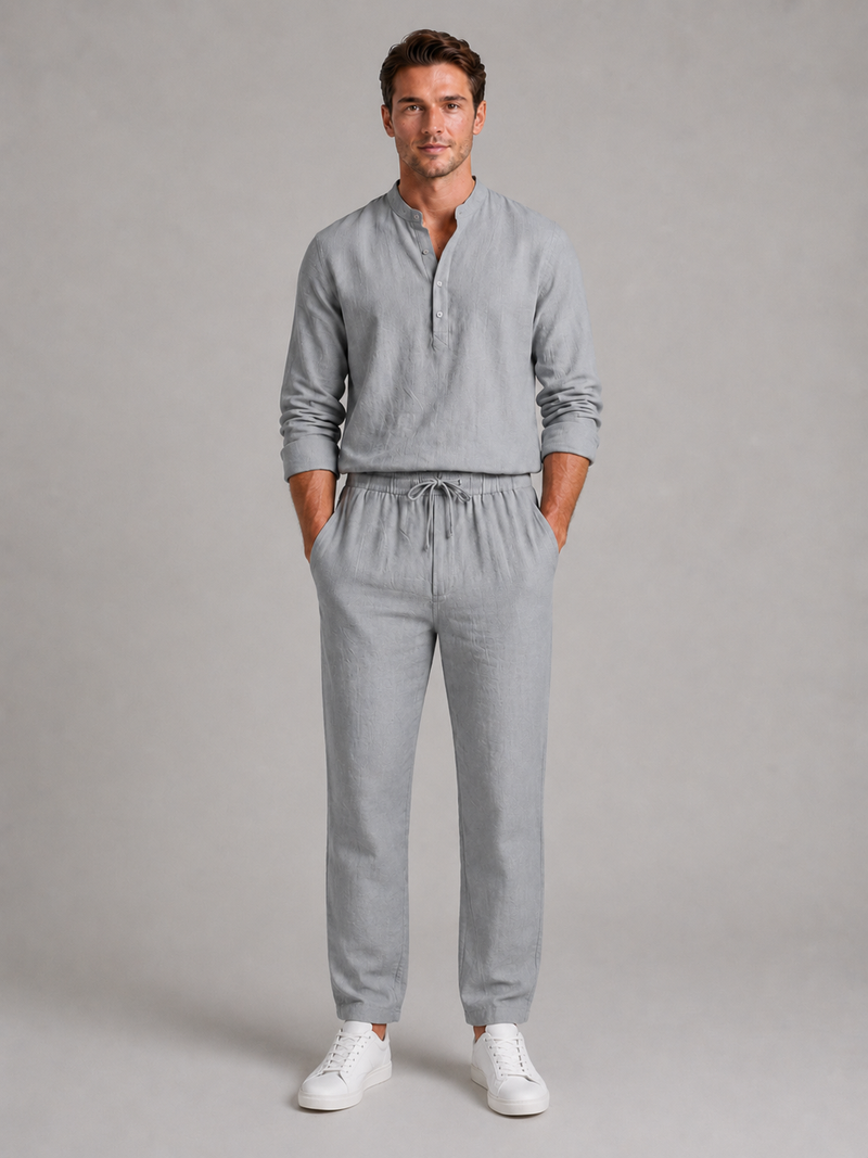 Men's Linen Look Two-Piece Set – Shirt & Drawstring Trousers