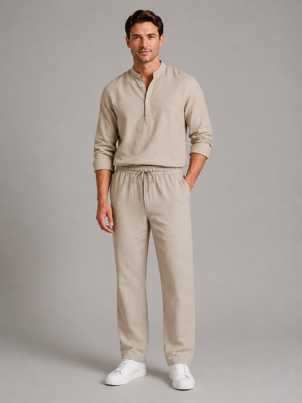 Men's Linen Look Two-Piece Set – Shirt & Drawstring Trousers
