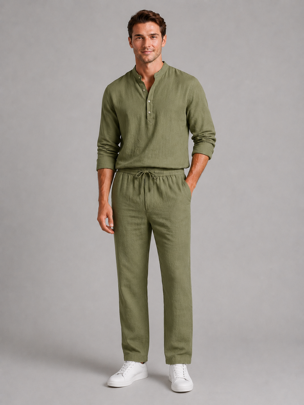 Men's Linen Look Two-Piece Set – Shirt & Drawstring Trousers