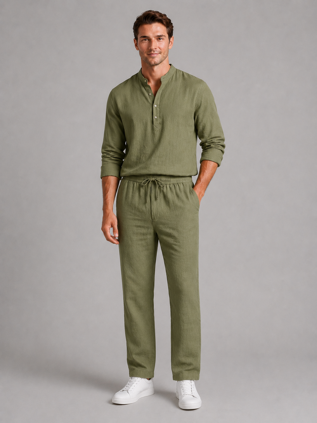 Men's Linen Look Two-Piece Set – Shirt & Drawstring Trousers