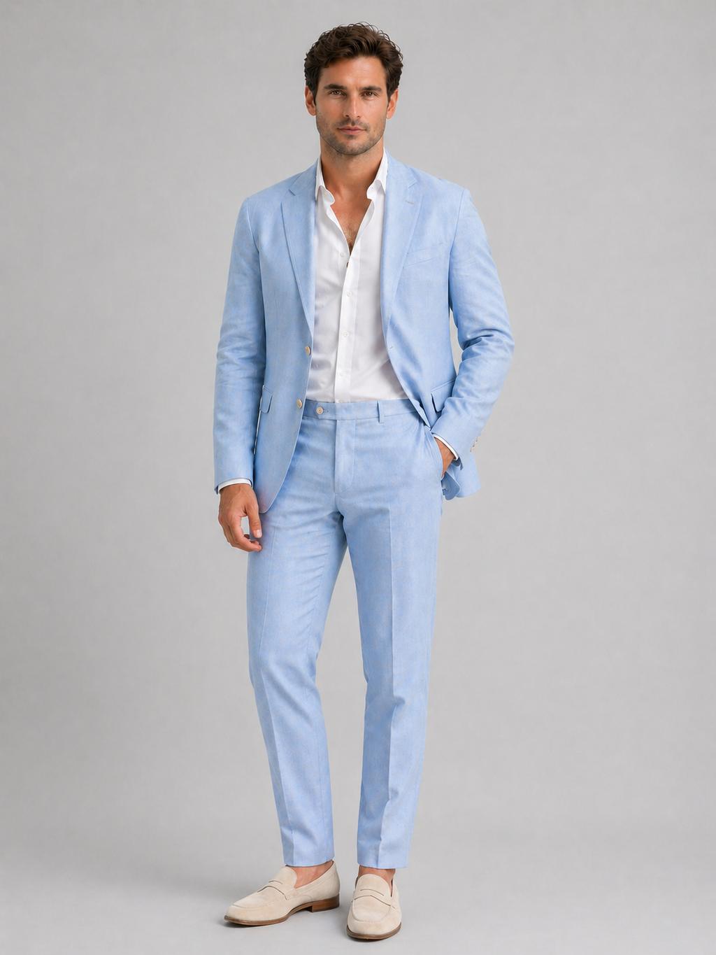 Men’s Linen-Look Summer Suit Set – Tailored Fit Blazer & Straight Leg Trousers