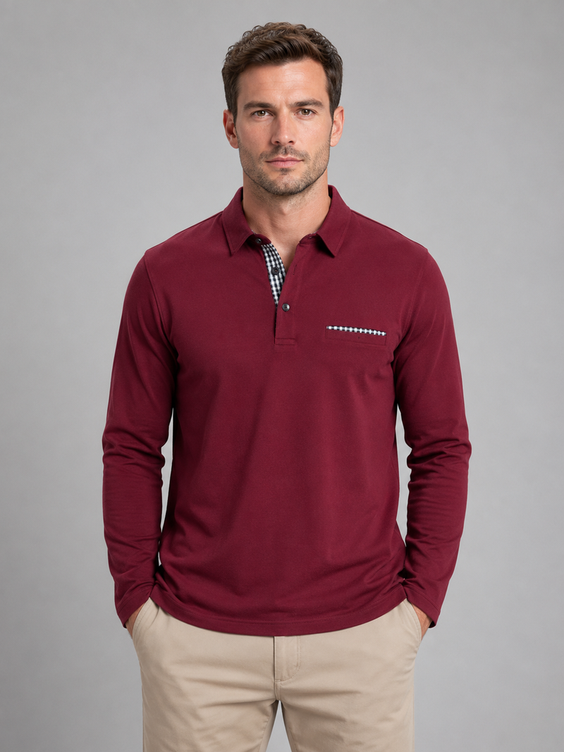 Men's Long Sleeve Polo Shirt – Gingham Trim Casual Top