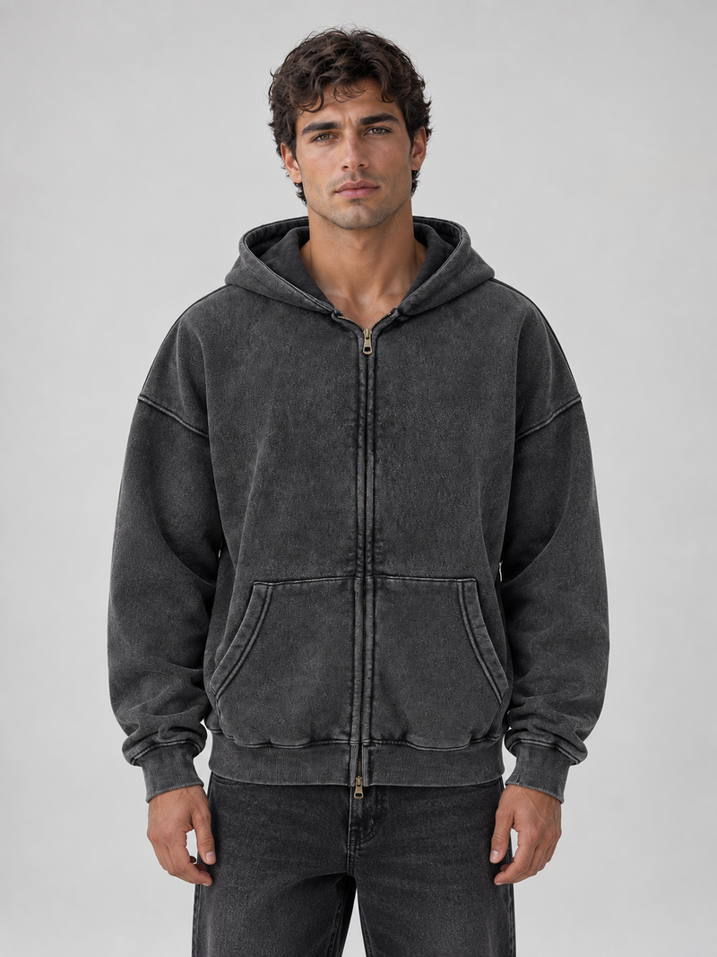 Men’s Oversized Full Zip Hoodie – Washed Hooded Jacket