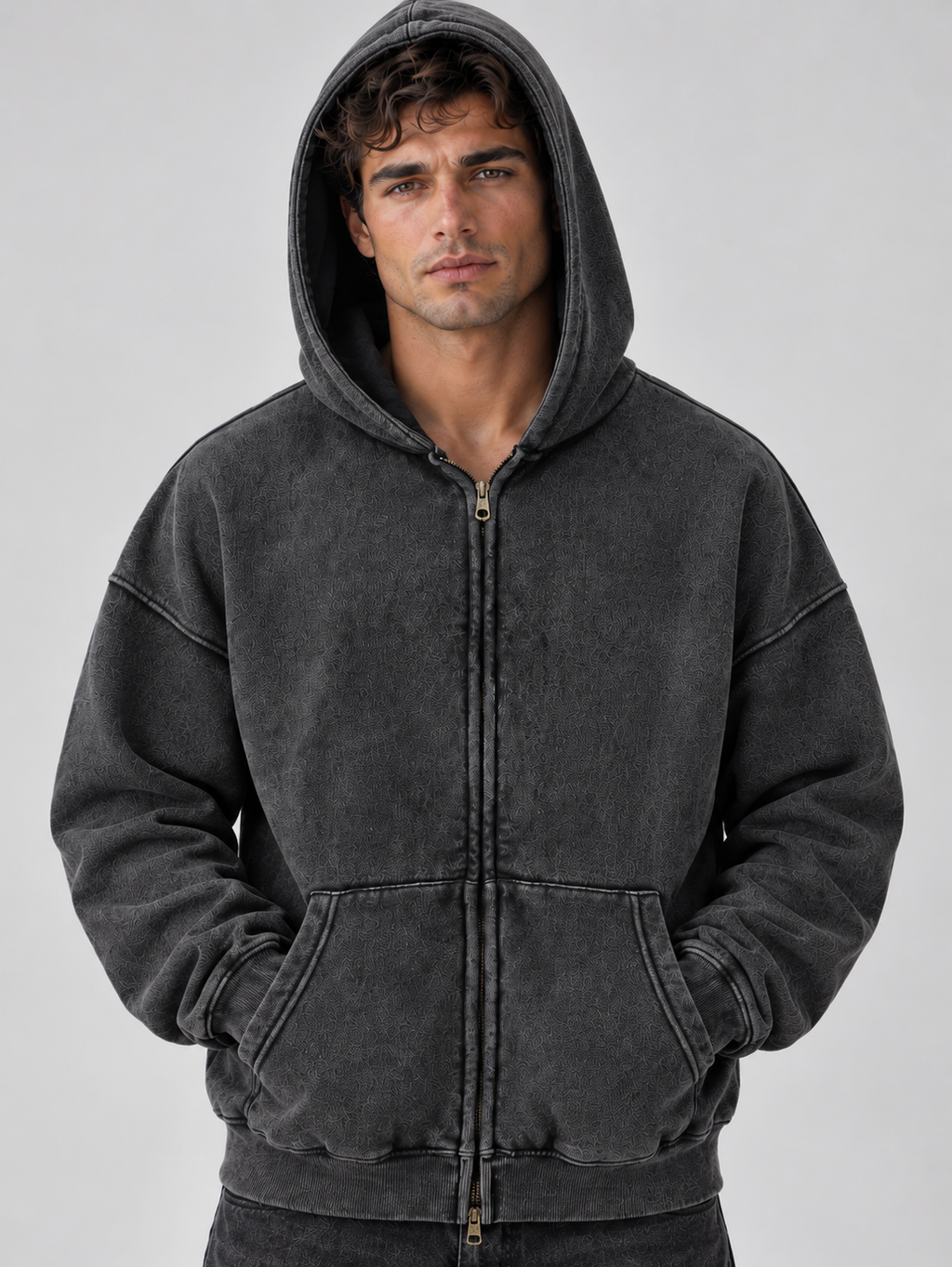 Men’s Oversized Full Zip Hoodie – Washed Hooded Jacket