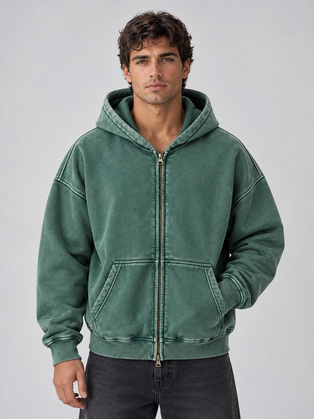Men’s Oversized Full Zip Hoodie – Washed Hooded Jacket