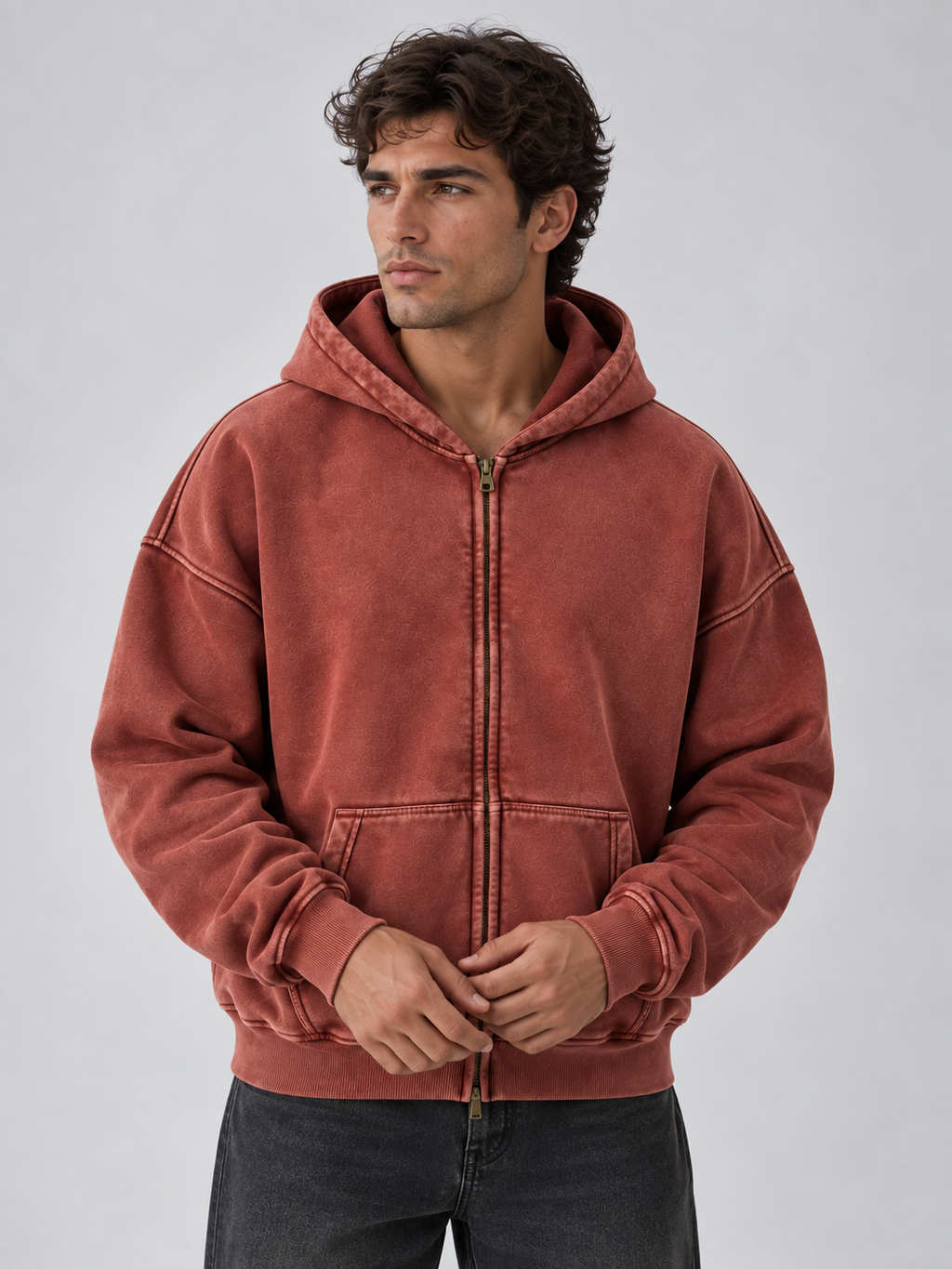 Men’s Oversized Full Zip Hoodie – Washed Hooded Jacket