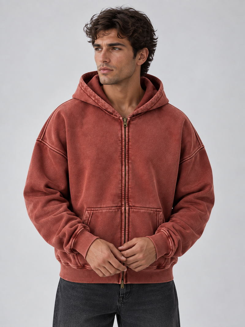 Men’s Oversized Full Zip Hoodie – Washed Hooded Jacket