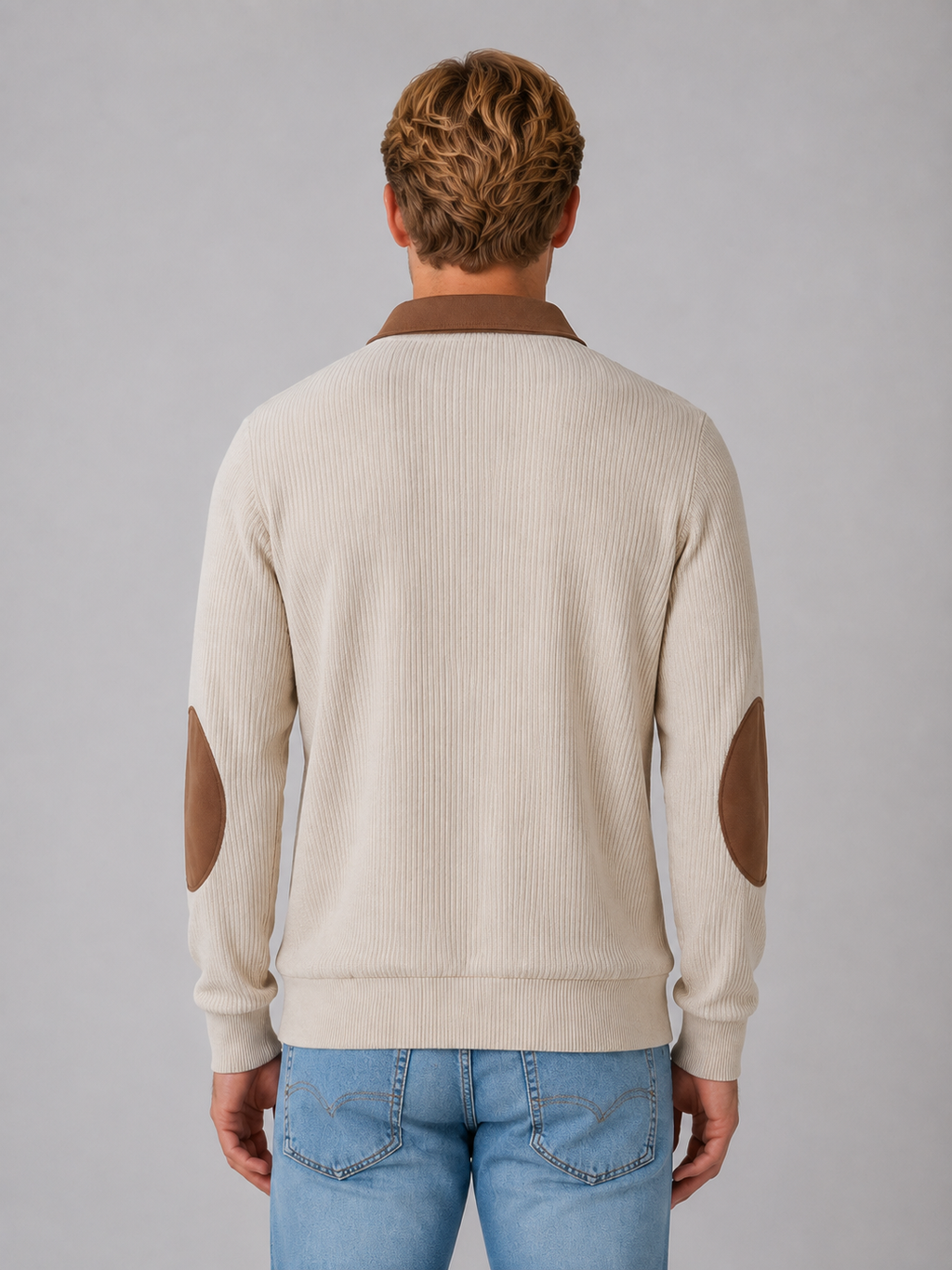 Men’s Quarter Zip Jumper – Ribbed Long Sleeve Pullover with Elbow Patches