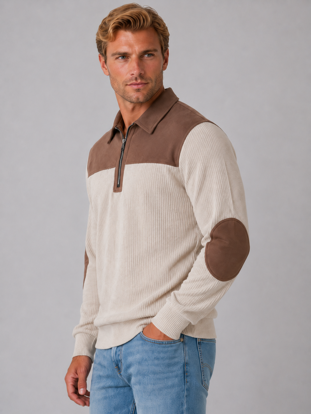 Men’s Quarter Zip Jumper – Ribbed Long Sleeve Pullover with Elbow Patches