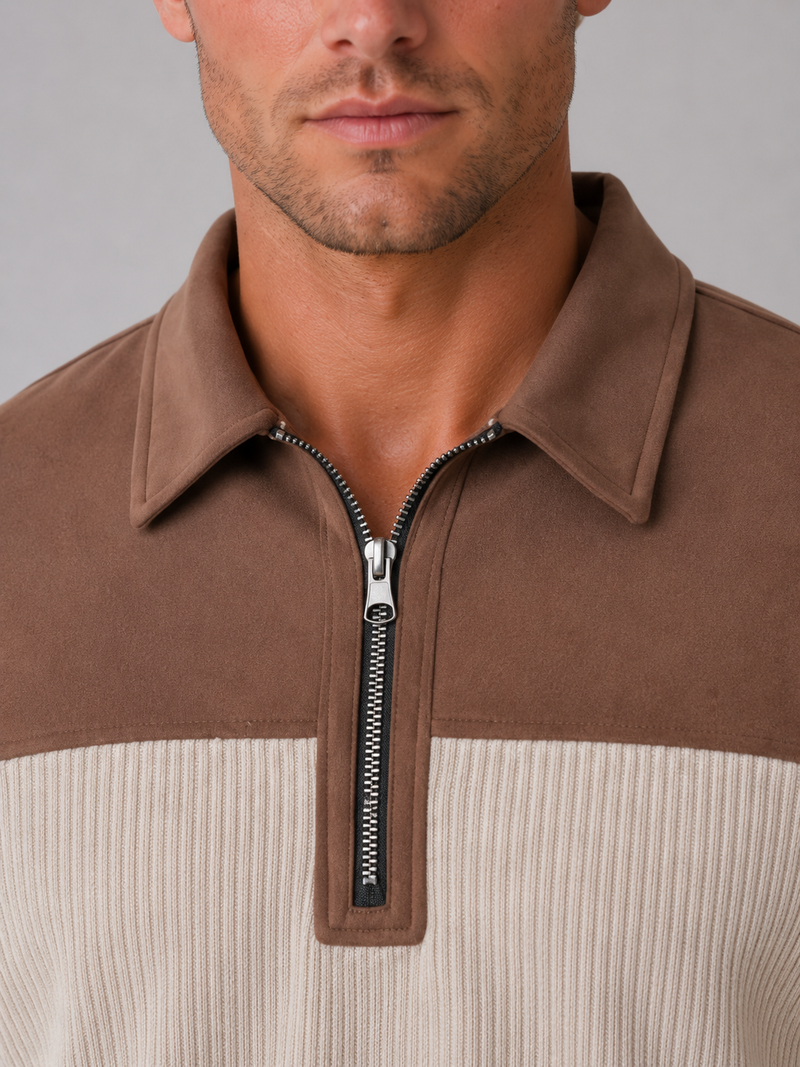Men’s Quarter Zip Jumper – Ribbed Long Sleeve Pullover with Elbow Patches