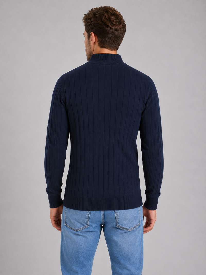 Men's Quarter Zip Ribbed Knit Jumper – Cotton Funnel Neck Sweater