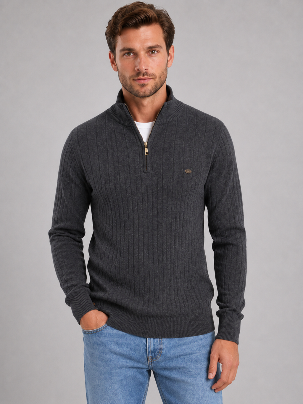 Men's Quarter Zip Ribbed Knit Jumper – Cotton Funnel Neck Sweater