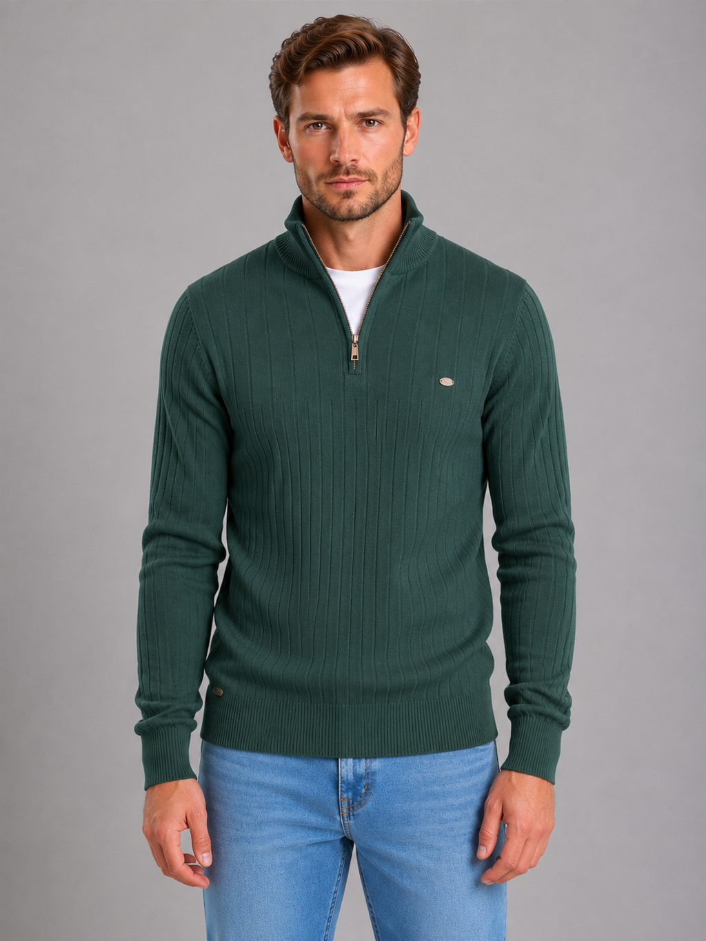 Men's Quarter Zip Ribbed Knit Jumper – Cotton Funnel Neck Sweater