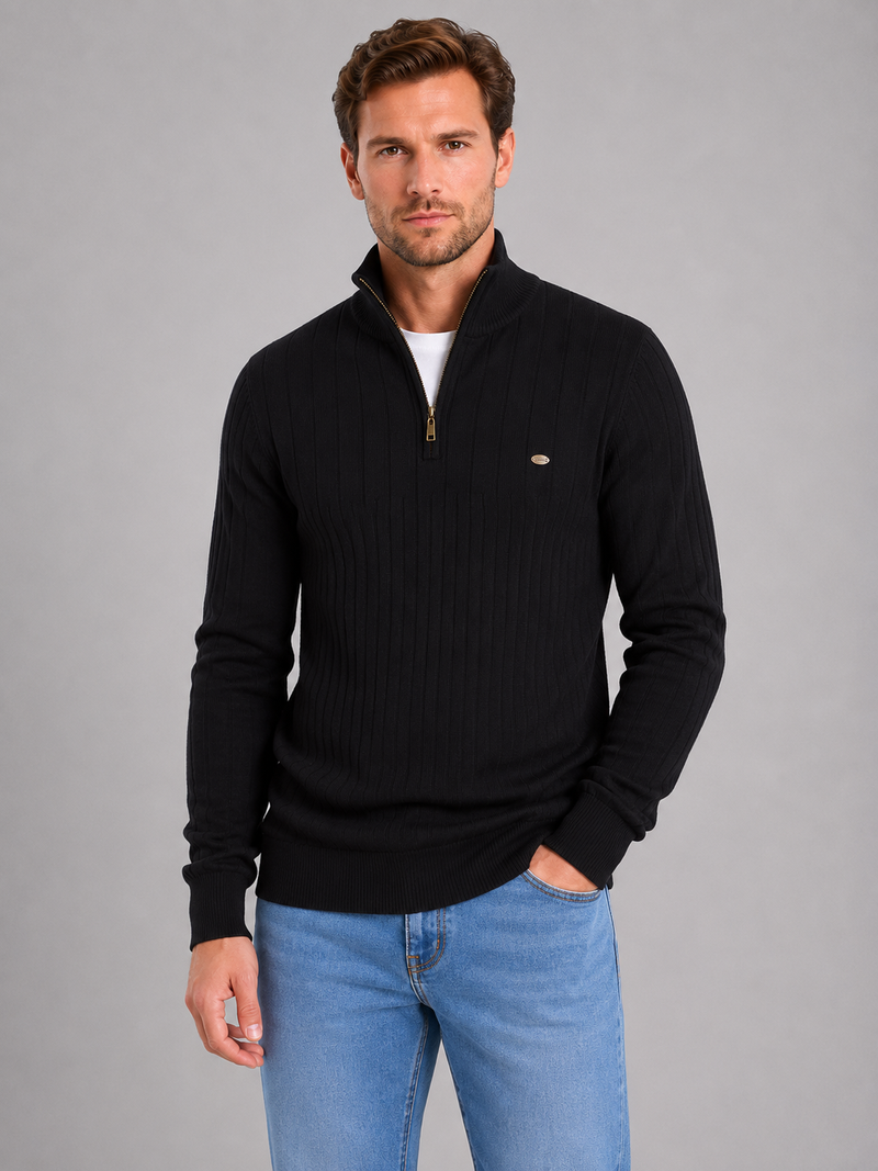 Men's Quarter Zip Ribbed Knit Jumper – Cotton Funnel Neck Sweater