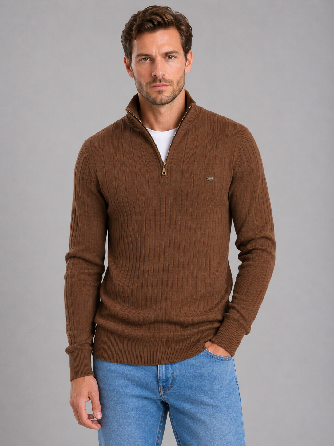 Men's Quarter Zip Ribbed Knit Jumper – Cotton Funnel Neck Sweater