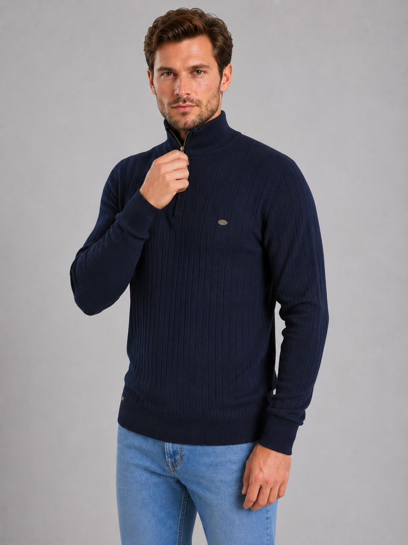 Men's Quarter Zip Ribbed Knit Jumper – Cotton Funnel Neck Sweater