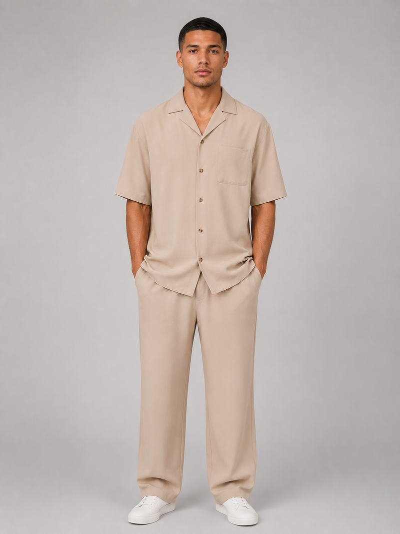 Men's Relaxed Summer Co-Ord Set – Short Sleeve Shirt & Drawstring Trousers